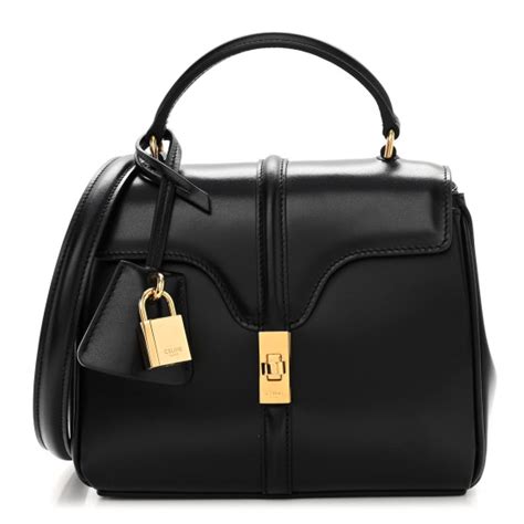 CELINE Satinated Calfskin Mini 16 Top Handle Bag Black .